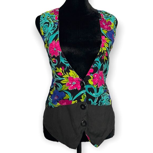 Atlast Studio Vest Women's Medium Multicolor Floral Print Boho Beaded Lace VTG - Picture 1 of 10